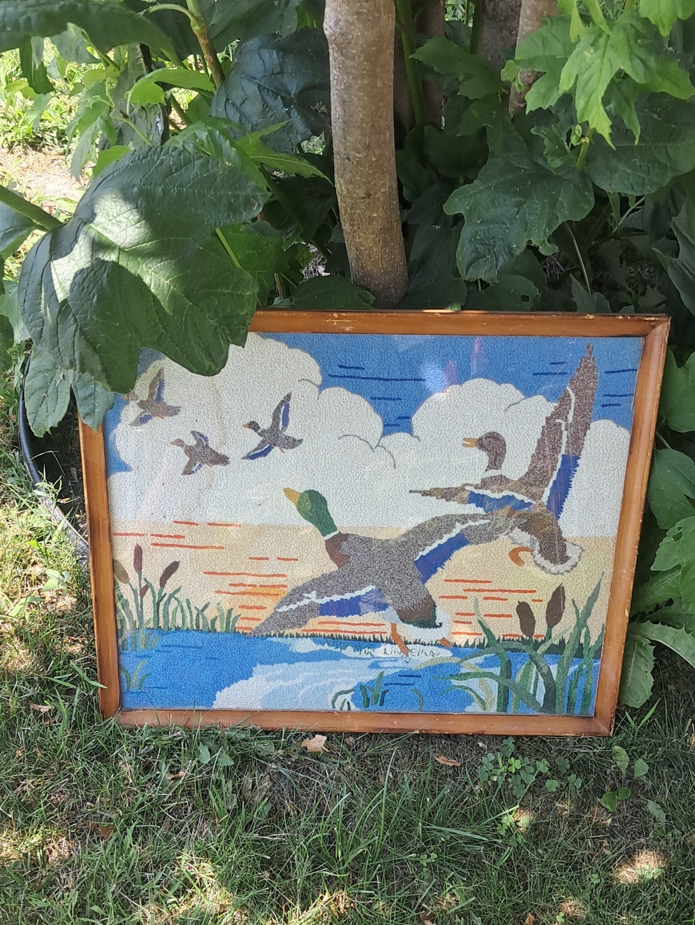 Signed Crewell Framed Duck Wall Art in Blue, White, Tan & Brown Vintage